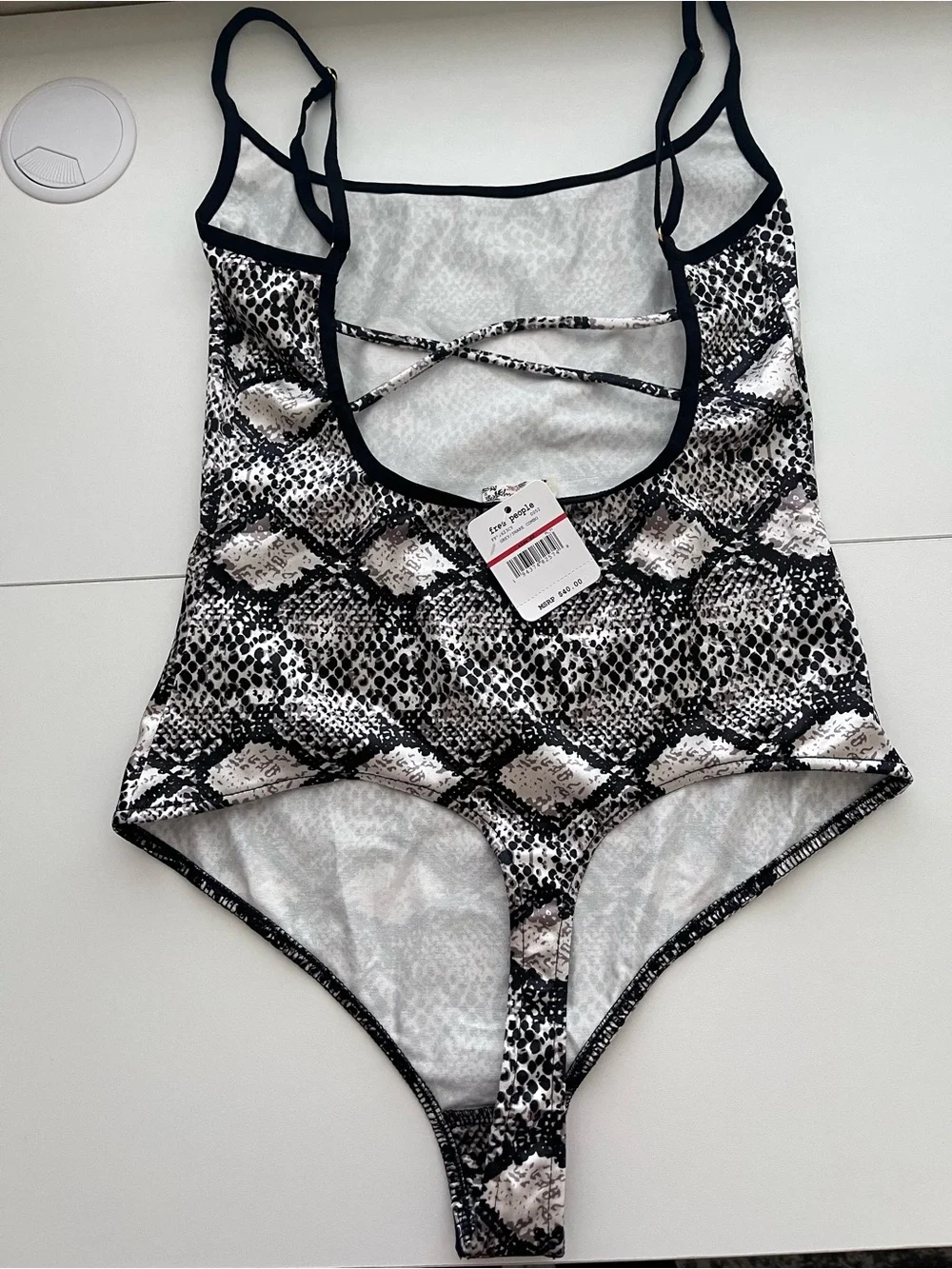Free People Bodysuit — Black & Cream & Grey Snake Print Strapy Back XS